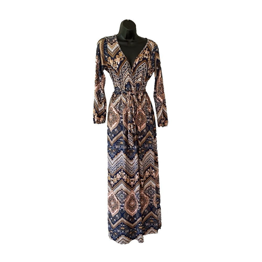 Espresso Maxi Dress Paisley Floral Pint Jersey Knit Long‎ Sleeve Cottage Core SM